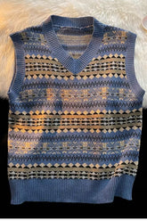 V-Neck Retro Style Pattern Sleeveless Vest Sweater